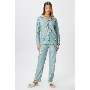 Kadın Nora Premium Mint Penguen Süet Doku Düğmeli Yılbaşı Pijama Takımı
