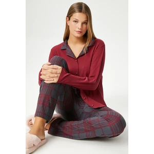 Kadın Efsa Ekose Extra Soft Bordo Antrasit Pijama Takım