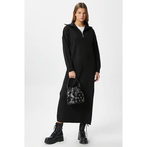 Kadın Magie Polo Yaka Fermuarlı Siyah Uzun Triko Elbise