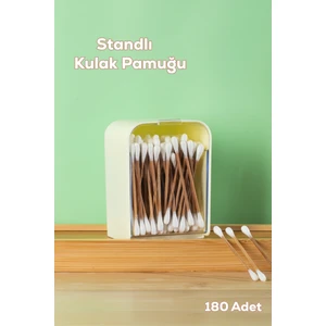 3135 Doğal Ahşap Bambu Saplı Standlı Kulak Temizleme Çubuğu Seti- 180 Adet
