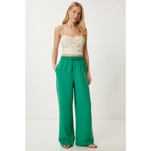 Geniş Paça Keten Pantolon LDP0071 Yeşil