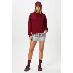 Kadın Cozy Içi Polarlı Bordo Basic Bisiklet Yaka Pamuklu Kalın Örme Sweatshirt