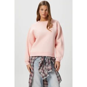 Kadın Cozy Içi Polarlı Soft Pembe Basic Bisiklet Yaka Pamuklu Kalın Örme Sweatshirt