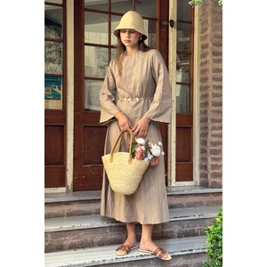 Haki Dikiş Detaylı Keten Elbise