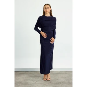 Lacivert Omuz Detaylı Drape Elbise