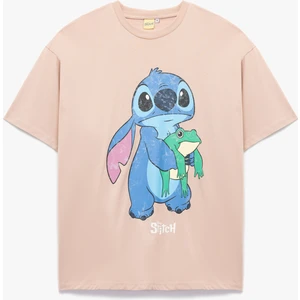 Stitch Lisanslı Kısa Kollu Bisiklet Yaka Baskılı Oversize Tişört