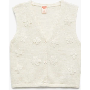 Çiçek Aplikeli Düğmeli V Yaka Triko Süveter