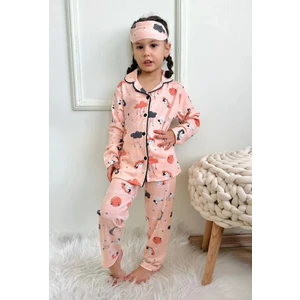 Bulut ve Kuzu Desenli Gömlek Yaka Kız Çocuk Pijama Takımı