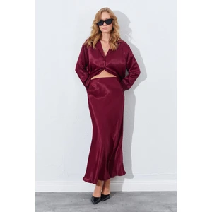 Kadın Bordo Saten Uzun Etek