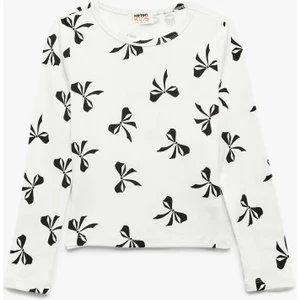 Fiyonk Desenli Uzun Kollu Bisiklet Yaka Pamuklu Tişört