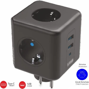 Termal Akım Korumalı USB Ve Type-C 2.1A Şarj Çıkışlı 10A 2500W 3'Lü Priz 3440