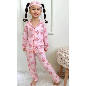 Sevimli Ceylan Desenli Gömlek Yaka Kız Çocuk Pembe Pijama Takımı