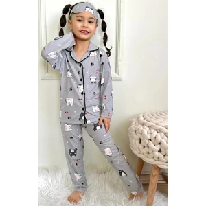 Sevimli Kedi Desenli Gömlek Yaka Kız Çocuk Gri Pijama Takımı