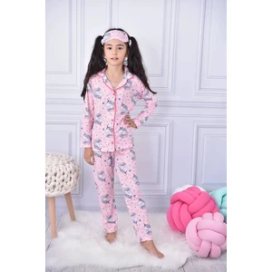 Unicorn Desenli Kız Çocuk Gömlek Yaka Düğmeli Pembe Pijama Takımı