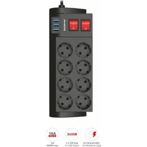 Termal Akım Korumalı USB 2.1A Şarj Çıkışlı 16A 4000W 8 Li Uzatma Grup Priz