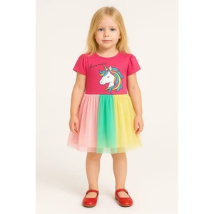 Kız Çocuk Unicorn Baskılı  Tüllü Etekli Doğum Günü ve Özel Gün Elbisesi