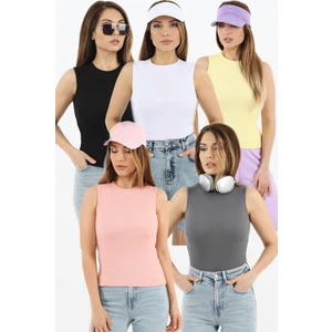 Kadın Kapalı Yaka 5’li Pamuk Siyah, Beyaz, Sarı, Pembe, Antrasit Düz Kol Fitilli Atlet