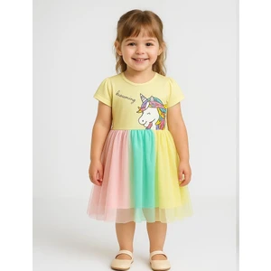 Kız Çocuk Unicorn Baskılı  Tüllü Etekli Doğum Günü ve Özel Gün Elbisesi