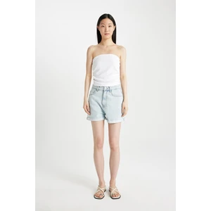 Mom Fit Yüksek Bel Katlamalı Paça Jean Şort