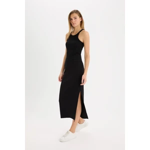 Fitted Vücudu Saran Yırtmaçlı Basic Düz Fitilli Kaşkorse Siyah Midi Etek E2247AX25SP