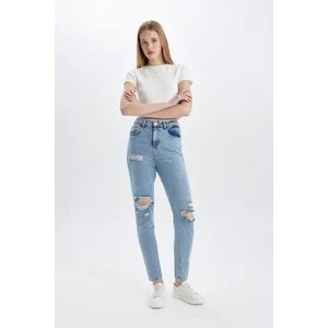 Lina Mom Fit Yırtık Detaylı Yüksek Bel Bilek Boy Jean Yıkamalı Pantolon C2384AX24SM