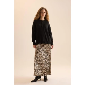 Straight Fit Normal Bel Leopar Desenli Saten Maxi Etek D6886AXNS