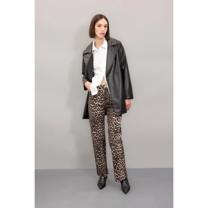 Straight Fit Leopar Gabardin Palazzo Pantolon Yüksek Bel Cepli Uzun D1229AX24AU