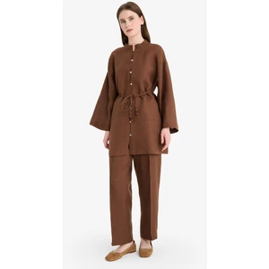 %100 Keten Straight Fit Beli Lastikli Cepli Pantolon D4388AX25SM