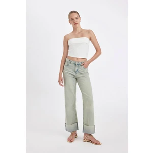 Straight Fit Yüksek Bel Katlamalı Paça Bilek Boy Jean Yıkamalı Pantolon D2965AX24HS
