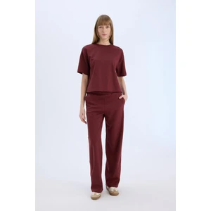 Wide Leg Geniş Paça Eşofman Altı Beli Lastikli Cepli Basic Düz Bordo D3759AX25SP