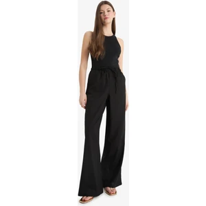 Wide Leg Çift Cepli Beli Lastikli Standart Boy Keten Karışımlı Siyah Pantolon E1981AX25SM