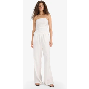 Wide Leg Çift Cepli Beli Lastikli Standart Boy Keten Karışımlı Beyaz Pantolon E1981AX25SM