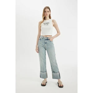 Straight Fit Yüksek Bel Katlamalı Paça Bilek Boy Jean Yıkamalı Pantolon D0327AX24HS