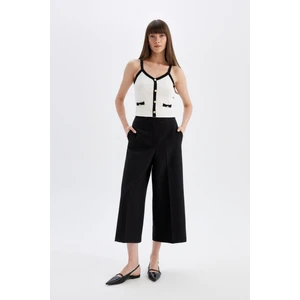 Klasik Chino Kumaş Pantolon Culotte Siyah Basic Düz Normal Bel Cepli Geniş Paça C2052AX24AU