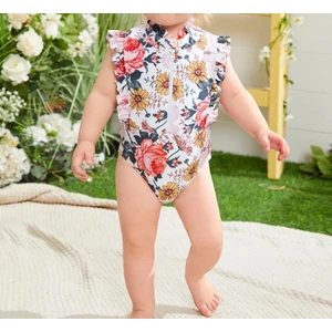 Kız Bebek Çiçek Desenli Fırfırlı Mayo – Fermuarlı, Rahat ve Şık
