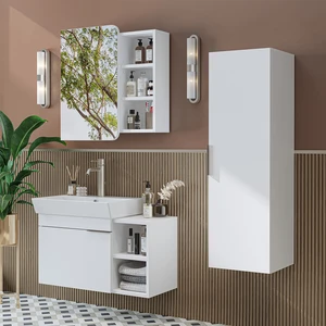 Likya Kapaklı Açık Raflı Mdflam Lavabolu 82 cm Banyo Alt Dolabı +Banyo Üst Dolabı + Banyo Boy Dolabı