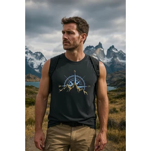 Erkek %100 Pamuk Bisiklet Yaka Pusula Baskılı Kolsuz T-Shirt