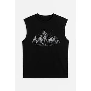 Erkek Bisiklet Yaka Baskılı Siyah Kolsuz T-Shirt