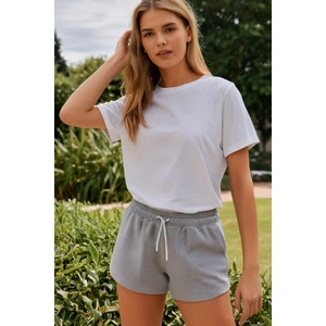 Kadın Pamuklu Gri Beli Ipli Şort Günlük Basic Regular Fit Cepli Normal Bel Rahat Kesim 2 Iplik