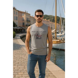 Erkek Bisiklet Yaka Baskılı Açık Mavi Kolsuz T-Shirt