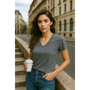 Kadın V Yaka Kısa Kollu Düz T-Shirt