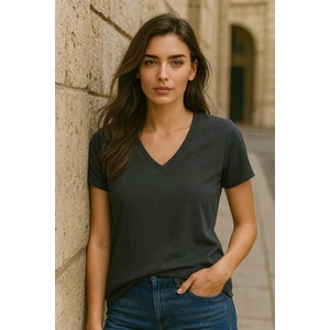 Kadın V Yaka Kısa Kollu Düz T-Shirt