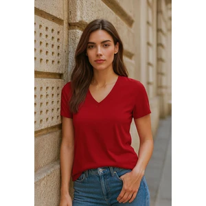 Kadın V Yaka Kısa Kollu Düz T-Shirt