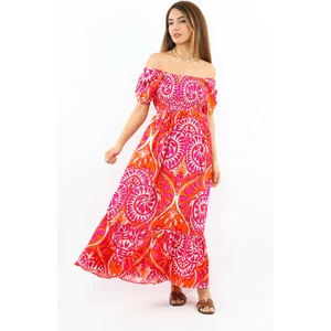 Kadın Positano Turuncu Pembe Gipeli Viskon Uzun Elbise