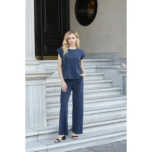 Kadın Modal Ipeksi Likralı Kumaş Yüksek Bel Önden Dikişli Cepli Bol Paça Palazzo Pantolon-Lacivert