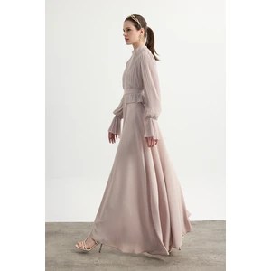 Taş Rengi Bedeni Piliseli Krep Şifon Elbise