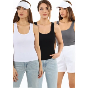 Kadın Cotton  3’lü Set Antrasit, Beyaz, Siyah Pamuklu Basic Fitilli Atlet