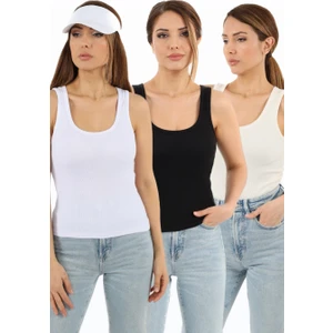 Kadın Cotton Premium 3’Lü Set Krem Beyaz Siyah Pamuklu Basic Fitilli Atlet