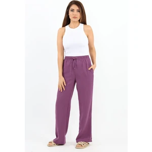 Kadın Keten Comfy Mor Düz Kesim Bel Lastikli Pantolon