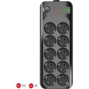 Termal Akım Korumalı USB ve Type-C 2.1A Şarj Çıkışlı 10A 2500W 10'lu Uzatma Grup Priz 3423
